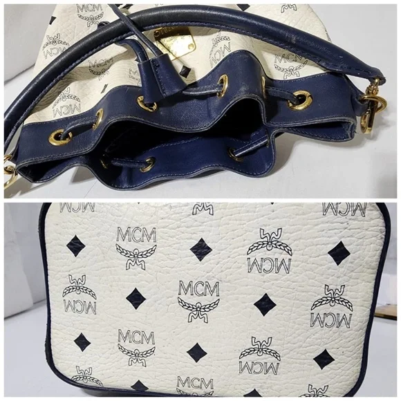 Authentic MCM 2way Visetos Small Drawstring Shoulder Bag White/Navy Blue - Picture 8 of 16